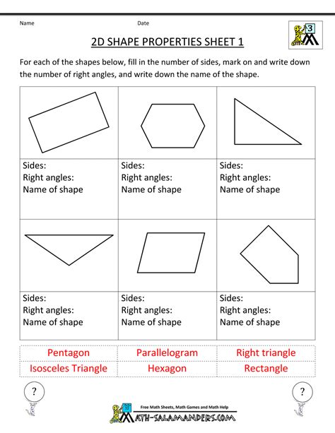 2 dimensional shapes worksheets for 3rd grade